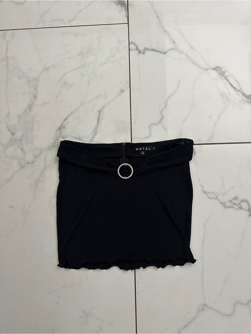 Motel Rocks Black Mini Skirt with Rhinestone Buckle